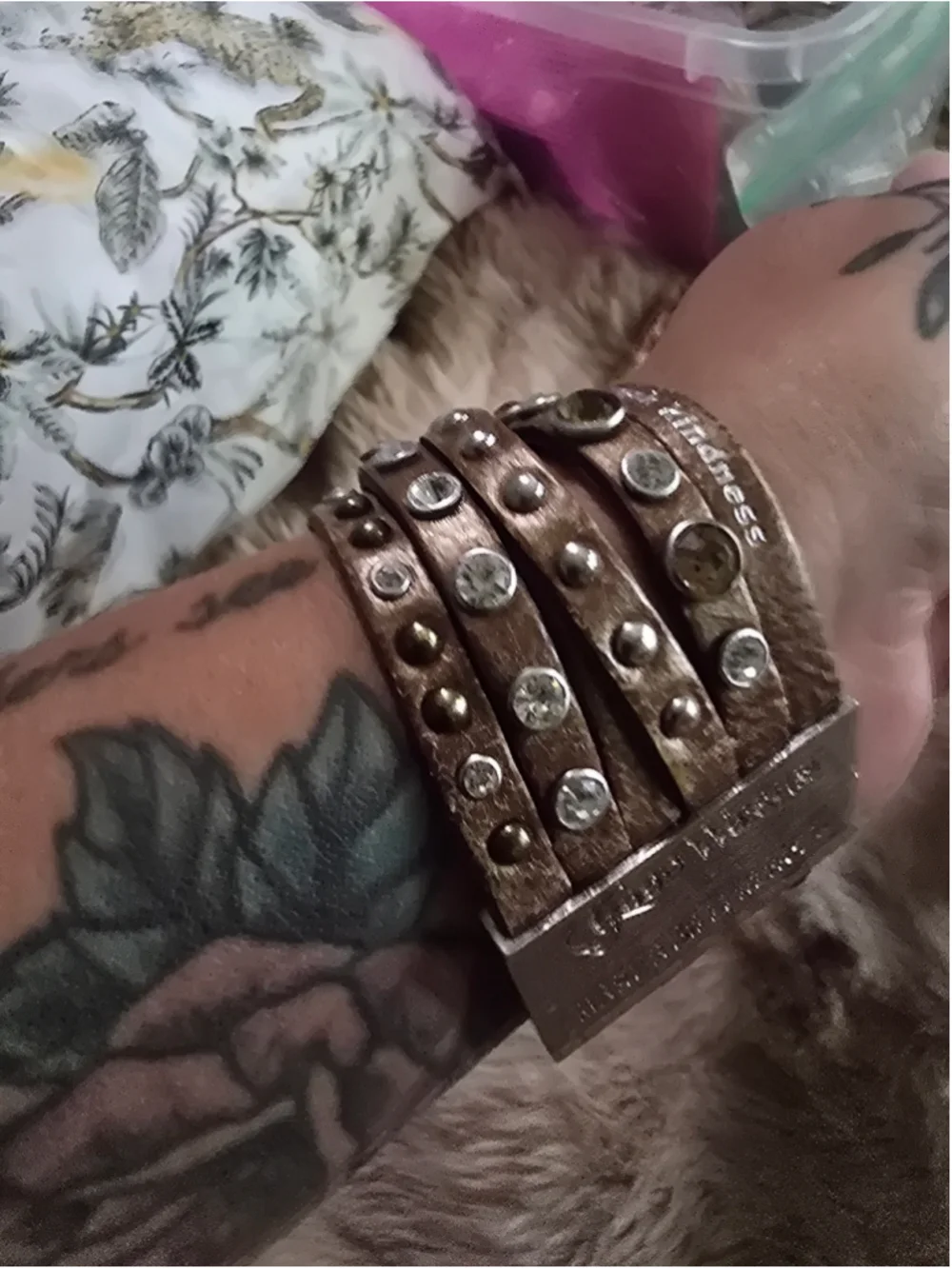 Vintage 2000's Good Works Leather Wrap Bracelet Brown Silver Rhinestone Boho